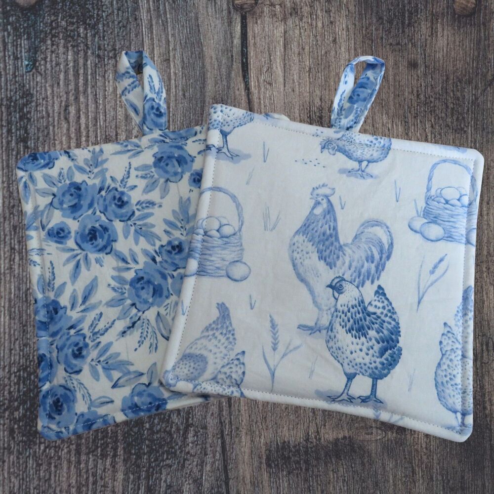 Handmade Potholder, Set of 2, Reversible Chickens and Blue Rose Hot Pads